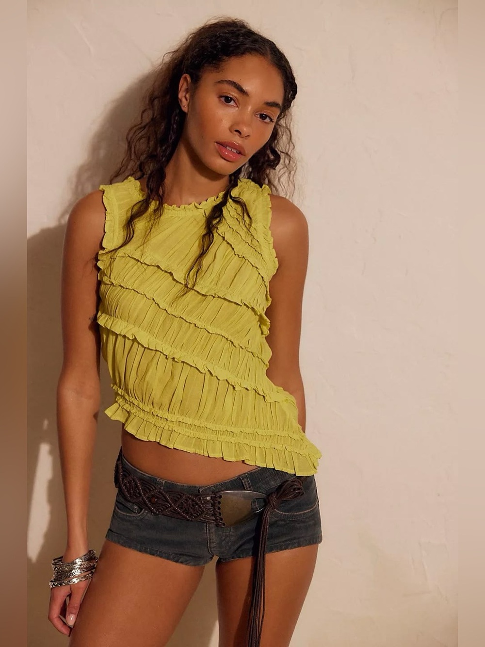 Free People Yellow Ruffled Tank Top